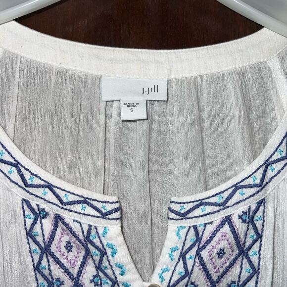 J Jill white linen button down top shirt with blue embroidery size small - Picture 3 of 8